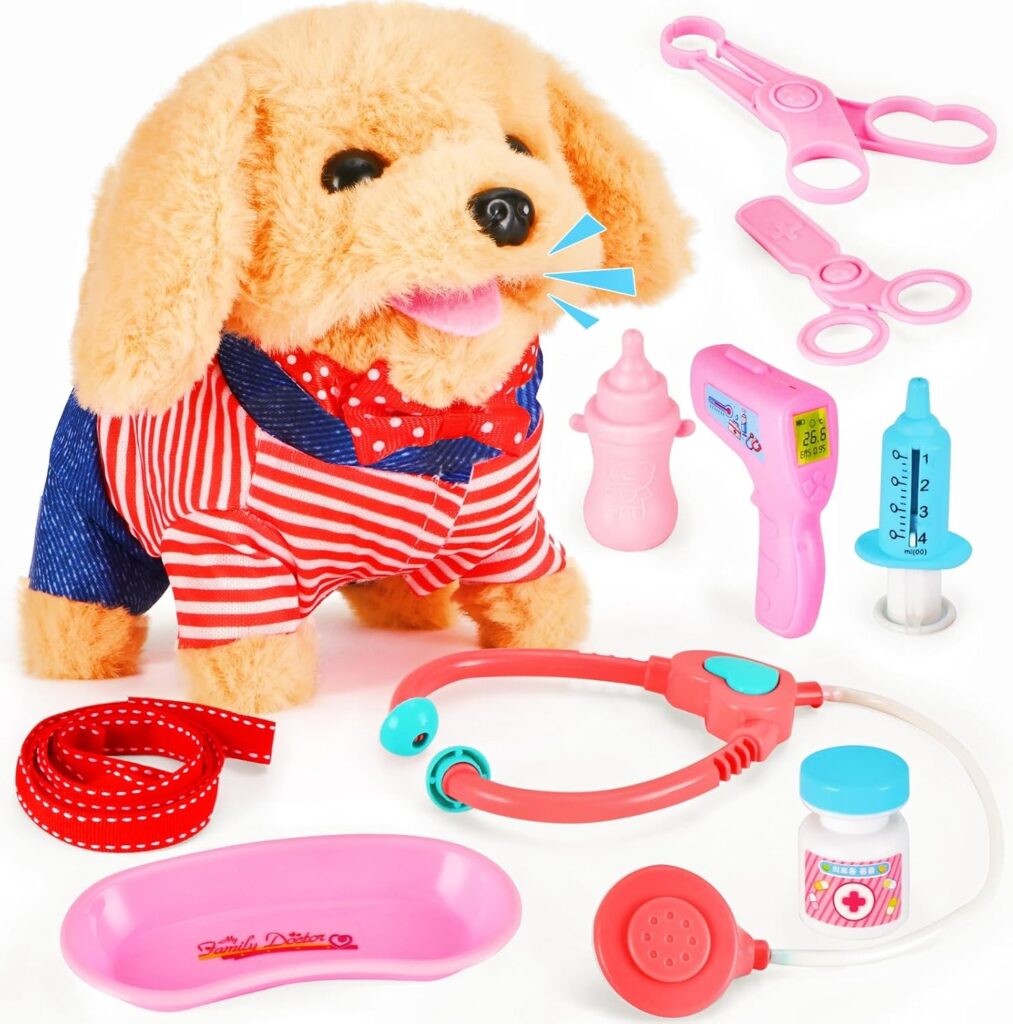 Toddler Toy 10 Pcs Interactive Retriever Robot Dog Toy – Walking & Stuffed Puppy with Stethoscope for Vet Role Play, Educational Toddler Gifts for 3 Year Old Girl