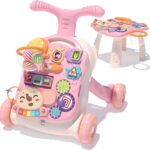 QDRAGON 3 in 1 Baby Walker and Activity Center for Girl, Learning to Walk, Sit to Stand, Early Educational Push Toys with Music Panel for Infant Toddler 12+ Months Pink