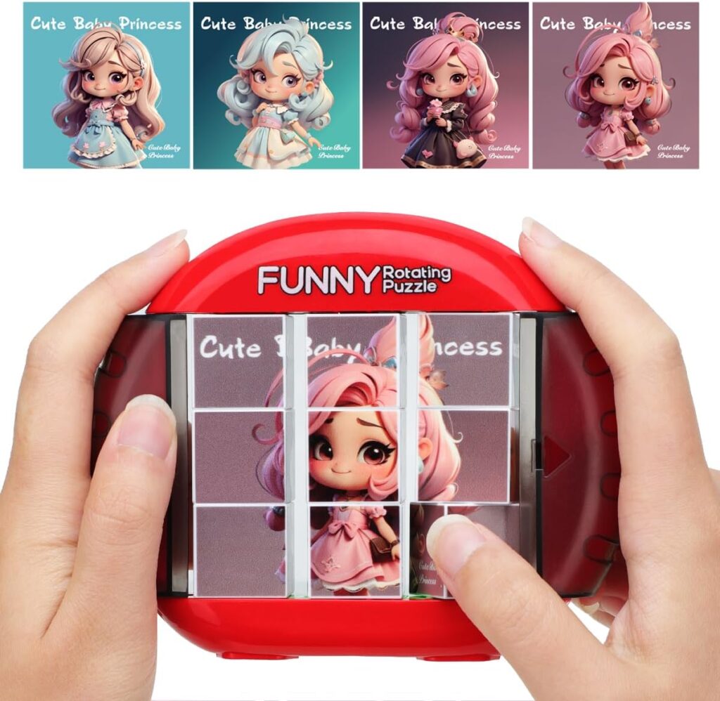 Rotating 3D Puzzle for Kids 3 4 5 6 7 Year Old, 4 Puzzles in 1, Handheld Game Fidget Toys for Travel, Cars & Plane, Fine Motor Skills Developing (Cute Little Princess)