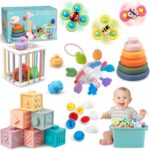 6 in 1 Baby Toys 6 to 12 Months, Montessori Toy for Toddlers 1-3, Infant Teething Babies Toy Stacking Blocks Rings Pull String Toy Sorter Sensory Bin