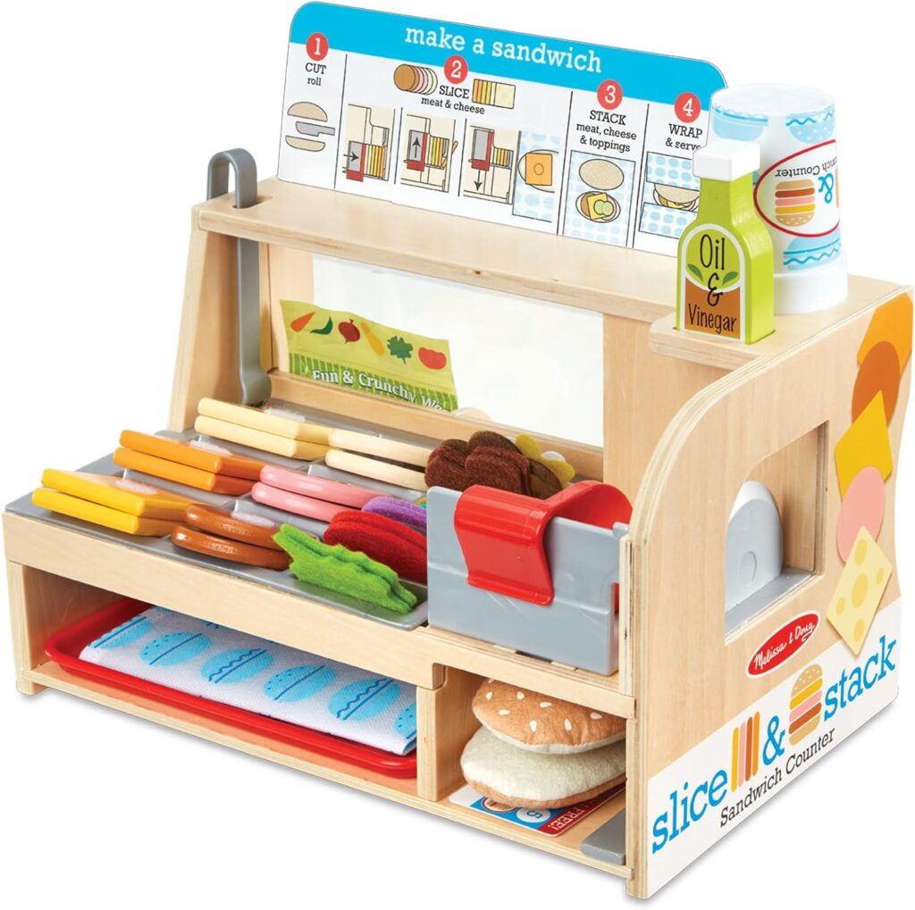 Melissa & Doug Slice-Stack-Serve, Wooden Sandwich Counter Pretend Play Store with Play Food Toys, Play Money & Deli Slicer, Preschool Toys for Kids 3+