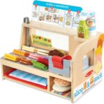 Melissa & Doug Slice-Stack-Serve, Wooden Sandwich Counter Pretend Play Store with Play Food Toys, Play Money & Deli Slicer, Preschool Toys for Kids 3+