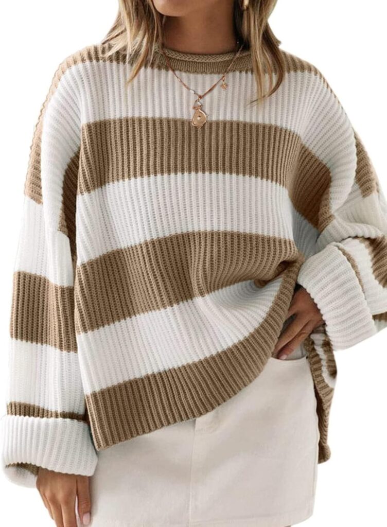 ZESICA Women’s 2025 Fall Long Sleeve Oversized Striped Color Block Comfy Loose Crew Neck Knitted Pullover Sweater