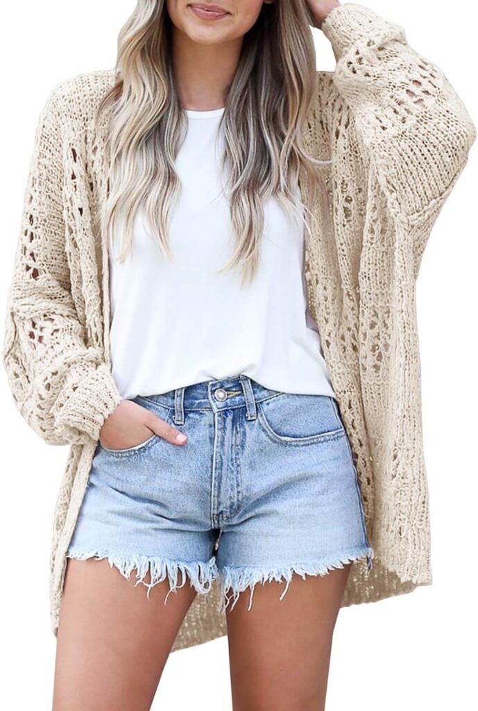 Ermonn Womens Crochet Cardigan Sweater Kimonos Boho Solid Color Oversized Fall Open Front Outwear