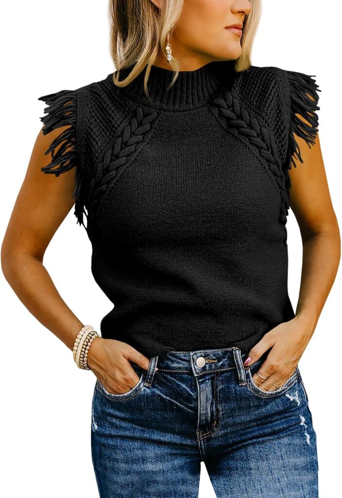 Saodimallsu Womens Sleeveless Sweater Vest Mock Neck Cable Knit Fringe Cap Sleeve Boho Trendy Pullover Tank Tops