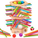Montessori Wooden Board Game, 42 Colorful Sticks Dice Games for Kids 3 4 5 6 Years, Math Learning Toys Fine Motor Skills & Counting Educational Toy, Family Travel Game Birthday Gifts for Boys Girls