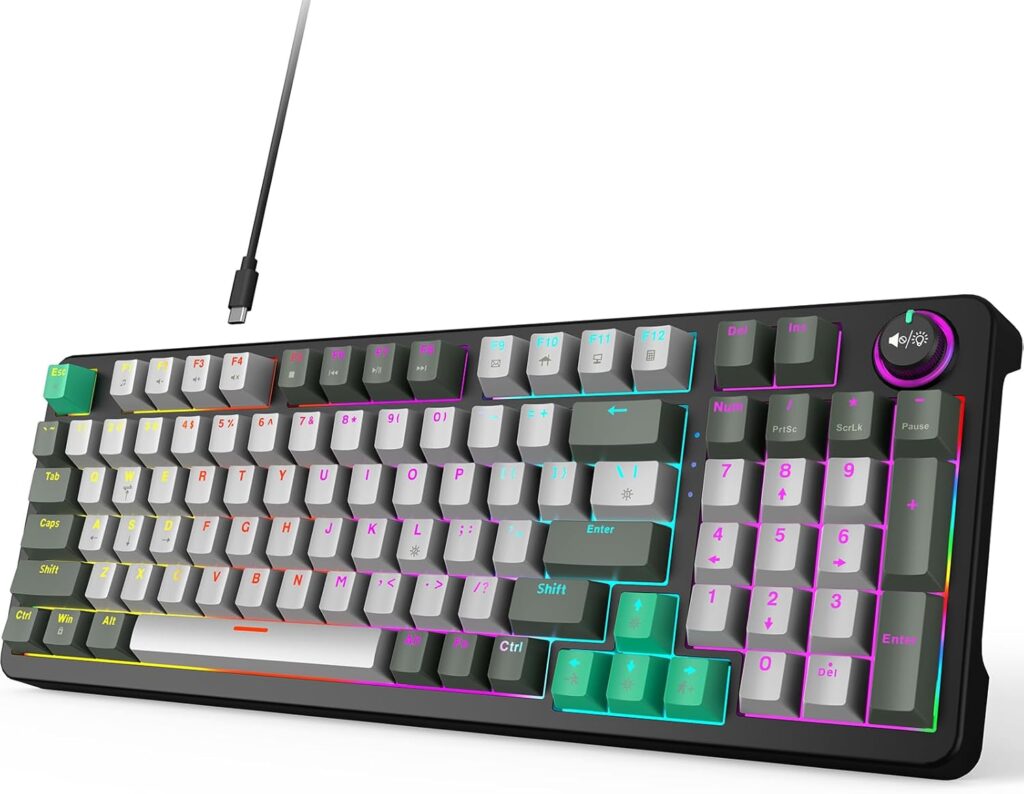 MOFII AK96 Mechanical Gaming Keyboard, Full Keys LED Backlit Programmable, Plug and Play USB A/C Wired Computer Custom Keyboard with Sound/Light Control Knob for Win/Mac – Gray & Black