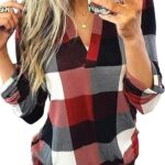 Dokotoo Womens Basic Casual V Neck Plaid Print Cuffed Long Sleeve Work Tops Blouses Shirts S-3XL