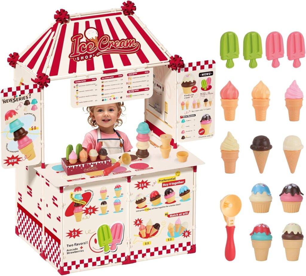 Icecream Cart for Kids,30 Pcs Pretend Play Food Truck, Fort Building STEM Toys Kit ,Ice Cream Shop,Grocery Store Pretend Play,Kids Toys for Girls & Boys(Ages 3+)