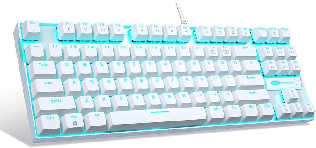 MageGee Mechanical Gaming Keyboard with Blue Switch, Compact 87 Keys Wired Computer Keyboard for Windows Laptop PC Gamer, LED Ice Blue Backlit, White