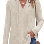 Lylinan Womens Cozy Knit Sweaters Hoodies Ribbed V Neck Pullover Sweatshirts for Fall Outfits S-XXL