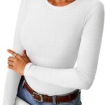 Womens Long Sleeve Ribbed Tops Fitted Stretch Basic Tee Shirts Casual Crewneck Tight Layering 2025 Fall Fashion Outfits