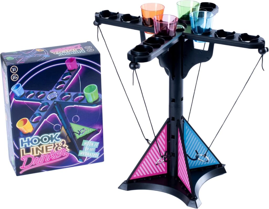 Endless Games Hook Line & Hydration Party Game – Fun Ring Toss Game for Adults | 13″ Tower with Shot Glasses | Perfect for Parties, 2+ Players, Ages 21+