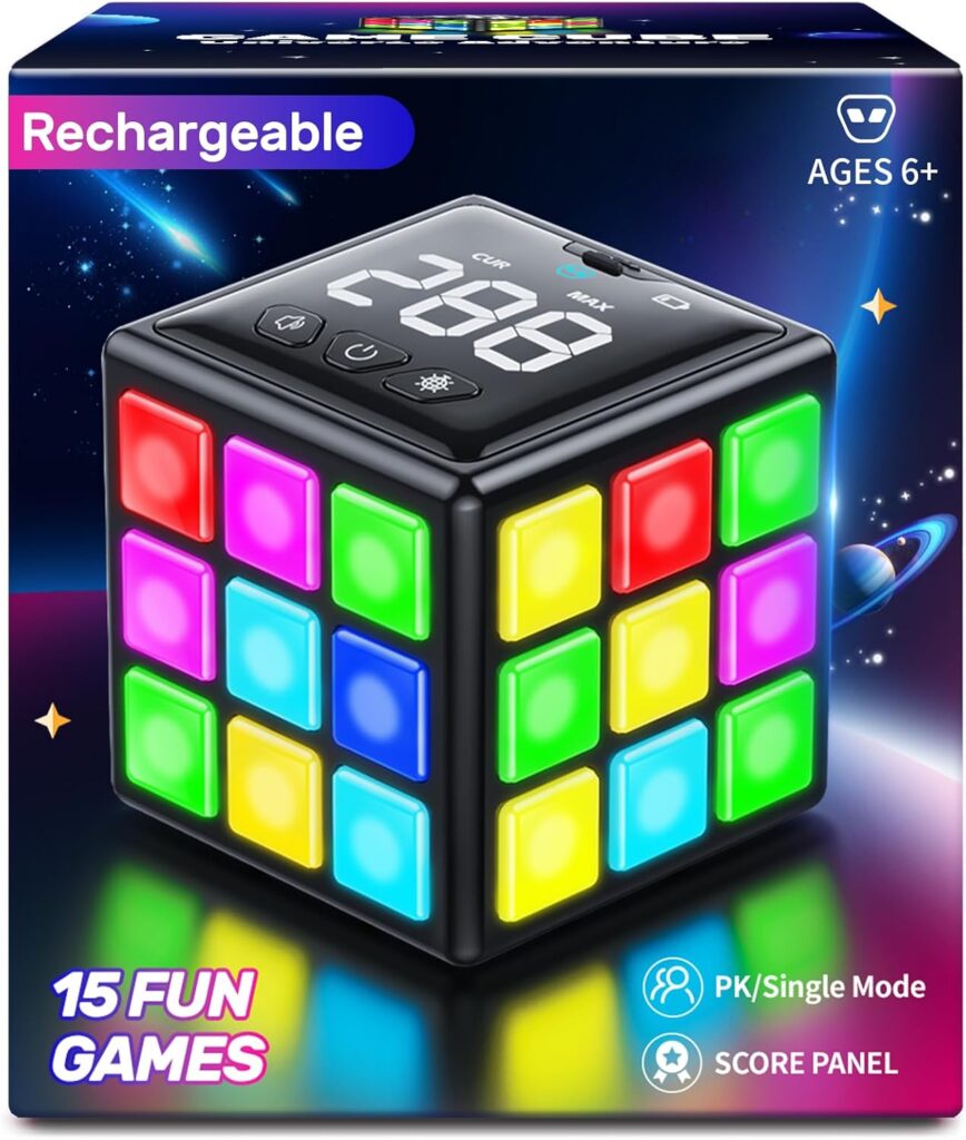 Rechargeable Game Cube – 15-in-1 Fun Brain Memory & Speed Games for Kids – Christmas Easter Birthday Gifts for Boys Girls Ages 6-12+ Years Old – Toys for Kids Teens with Score Screen (Black)