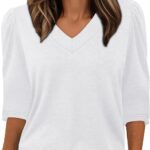 OFEEFAN Women’s V Neck Shirts 3/4 Length Puff Sleeve Blouses Curved Hem Long Tunic Tops Dressy Casual S-3XL