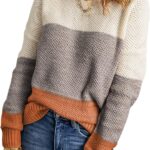 Dokotoo Womens Color Block Sweaters Long Sleeve Crewneck Pullover Knit Jumper Tops