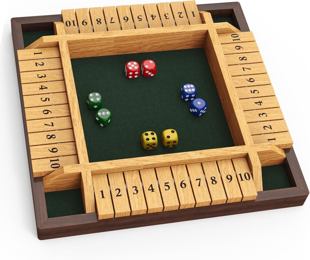 Shut The Box Game, 4 Player Wooden Board Game Dice Game, Classic Math Learning Game for Kids -12″ x 12″