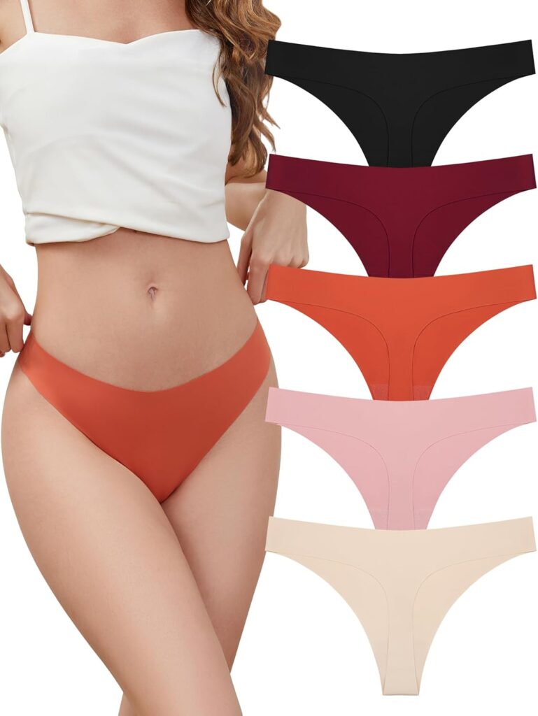 voenxe Seamless Thongs for Women,No Show Ladies Underwear,Invisible Comfortable Panties,Low Rise Gym Workout Undies,5 Pack