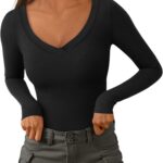 PRETTYGARDEN Long Sleeve Shirts for Women 2025 Fall Fashion V Neck Going Out Tops Slim Fit Basic Tees Y2K Clothes