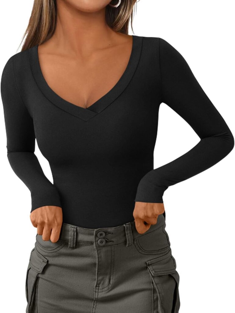 PRETTYGARDEN Long Sleeve Shirts for Women 2025 Fall Fashion V Neck Going Out Tops Slim Fit Basic Tees Y2K Clothes
