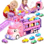Car Toys for 3 4 5 6 7 Year Old Toddler Girl, Unicorn Toys Truck & Foldable Race Track W/Light & Sound, Friction Power Toy Cars W/ 9 Princess Cars, Birthday Gift for Kids Girls Age 4-6