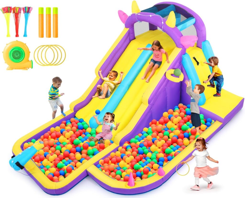 JOYLDIAS Inflatable Water Slide,Water Park Bounce House,Slide Bouncer Castle Playhouse w/Splash Pool, Climbing Wall, Ring Toss Game for Kids Birthday Party Indoor Outdoor Fun, 480W Air Blower