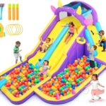 JOYLDIAS Inflatable Water Slide,Water Park Bounce House,Slide Bouncer Castle Playhouse w/Splash Pool, Climbing Wall, Ring Toss Game for Kids Birthday Party Indoor Outdoor Fun, 480W Air Blower