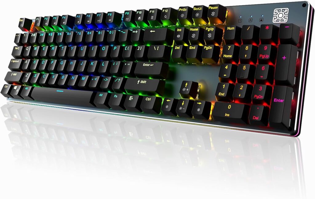 Black Emblem Mechanical Gaming Keyboard with Clicky Blue Switches, RGB Backlit Full Size 104 Key Programmable Wired Keyboard with Aluminum Base for Gaming/Typing/PC/Mac