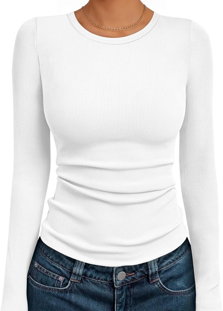 AUTOMET Women’s Long Sleeve Blouses Shirts with Ribbed Knit Work Office Basic Tops