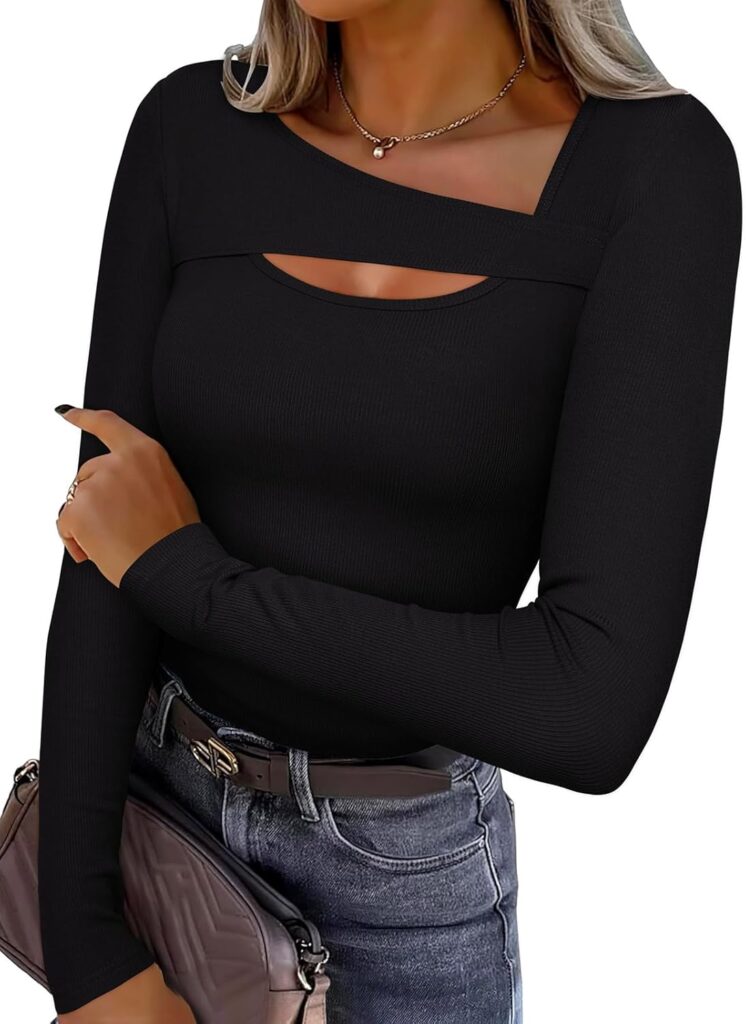REORIA Women’s Sexy Ribbed Long Sleeve Cutout Tops 2025 Fall Trendy Slim Fit Y2K Fashion Going Out T Shirts
