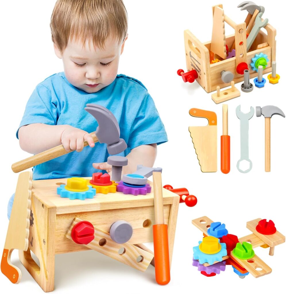 Kids Tool Set – 29 PCS Wooden Toddler Tool with Box, Montessori STEM Educational Pretend Play Construction Toy for 2 3 4 5 6 Year Old Boys Girls, Best Birthday Gift