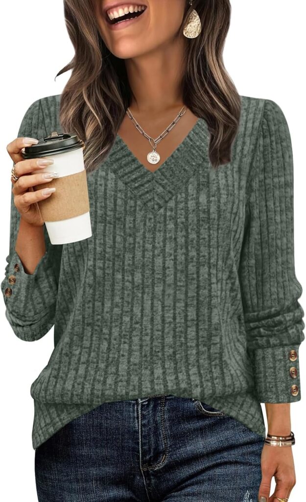 WIHOLL V Neck Long Sleeve Shirts for Women with Bottons Casual Fall Outfits Lightweight Tunic Sweaters Fashion Clothes 2025