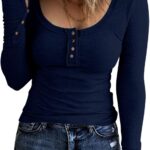 KINLONSAIR Women’s Long Sleeve Henley T Shirts Button Down Slim Fit Tops Scoop Neck Ribbed Knit Shirts