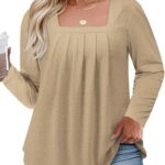 Womens-Plus-Size-Tops Dressy Pleated Square Neck Shirts Trendy Cute Long Sleeve Blouses Casual Loose Fit Tunics XL-5XL