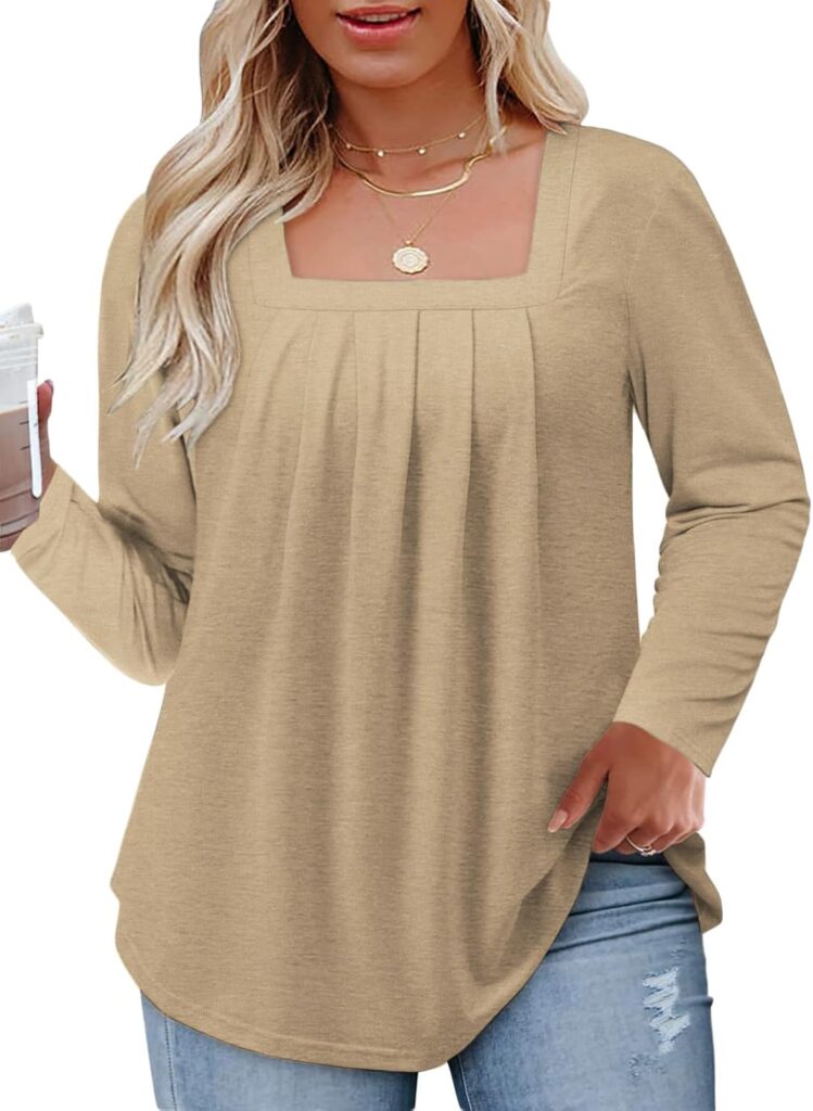 Womens-Plus-Size-Tops Dressy Pleated Square Neck Shirts Trendy Cute Long Sleeve Blouses Casual Loose Fit Tunics XL-5XL