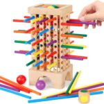 Montessori Game Wooden Board Games, 42 Colorful Sticks Dice Game Math Learning Toys for 3 4 5 6 Year Olds, Builds Fine Motor Skills & Counting, Family Travel Games for 3 Year Olds Gift for Kids
