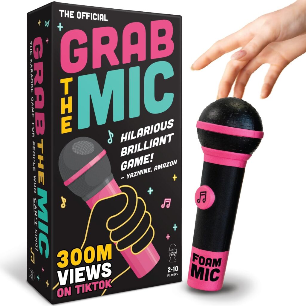 Lucky Egg Official Grab The Mic – Family Karaoke Board Game w/Foam Mic, 8+ Ages, 2-10 Players – Games for Bad Singers w/ 250 Lyrics (125 Cards) for Hilarious Game Nights & Birthday Party, Kids Gift