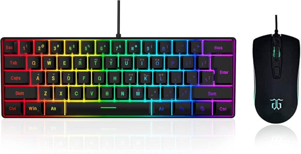 DGG 60% Gaming Keyboard and Mouse Combo, Small Keyboard and Mouse Set, Mini Gaming Keyboard 61 Keys True RGB Mechanical Feeling Keyboard Mouse Combo for Computer PC Gamer