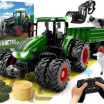 Remote Control Tractor Toy, Kids RC Tractor Set & Truck and Trailer Front Loader – Metal Car Head/8 Wheel/Light, Toddlers Farm Vehicle Toys for 3 4 5 6 7 8 9 Year Old Boys Girls Birthday Gift