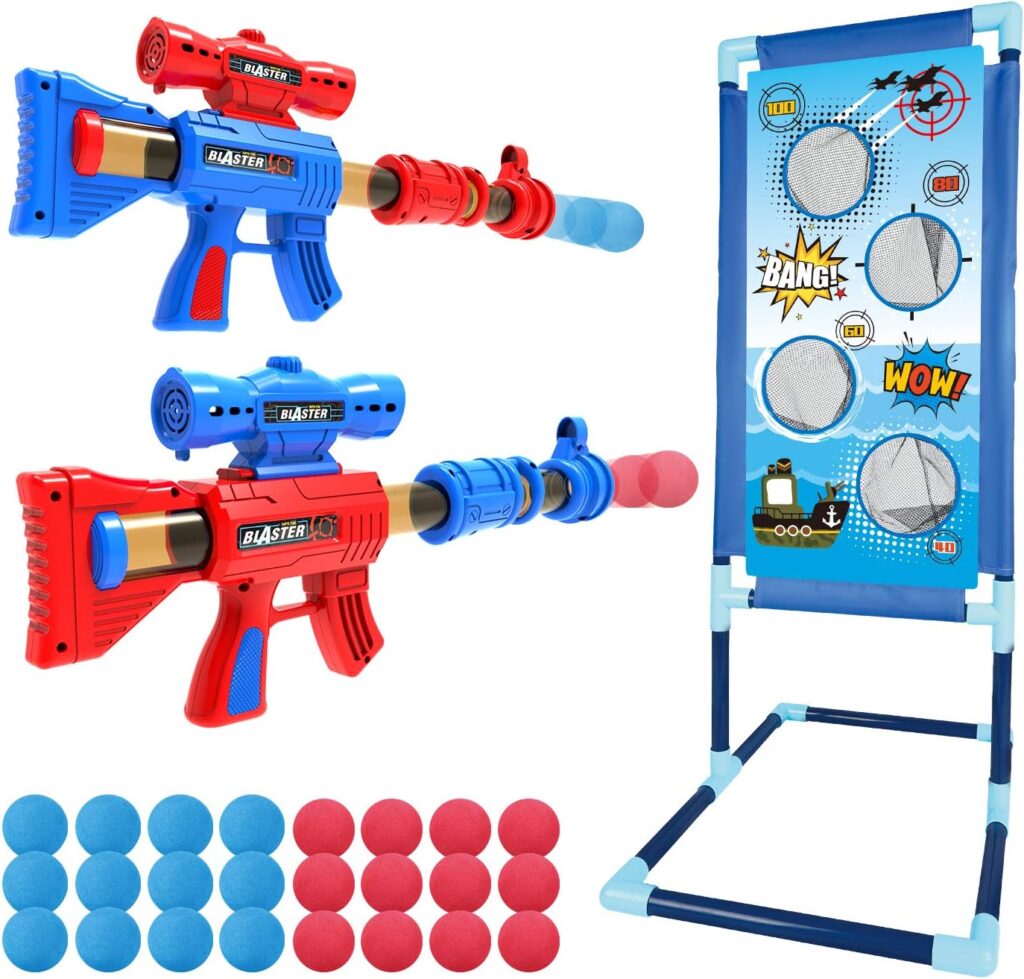 YEEBAY Shooting Game Toy for Age 6, 7, 8,9,10+ Years Old Kids, Boys – 2pk Air Guns & Shooting Target & 24 Foam Balls – Ideal Gift – Compatible with Toy Guns