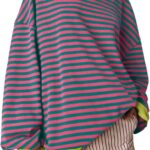 UEU Women Oversized Striped Crewneck Sweatshirt Long Sleeve Color Block Pullover Tops Casual Loose Workout Shirt