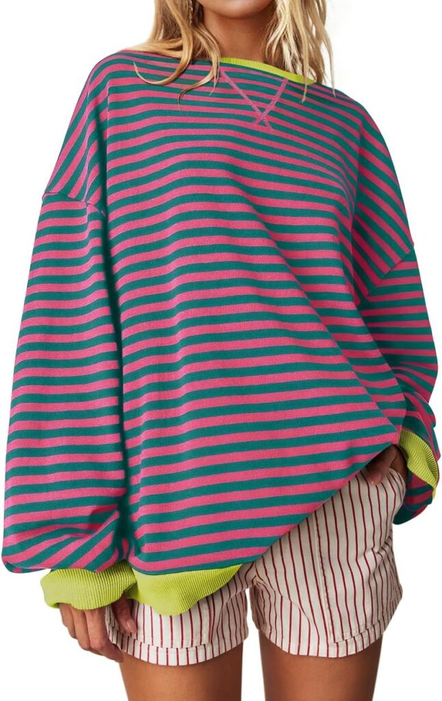 UEU Women Oversized Striped Crewneck Sweatshirt Long Sleeve Color Block Pullover Tops Casual Loose Workout Shirt