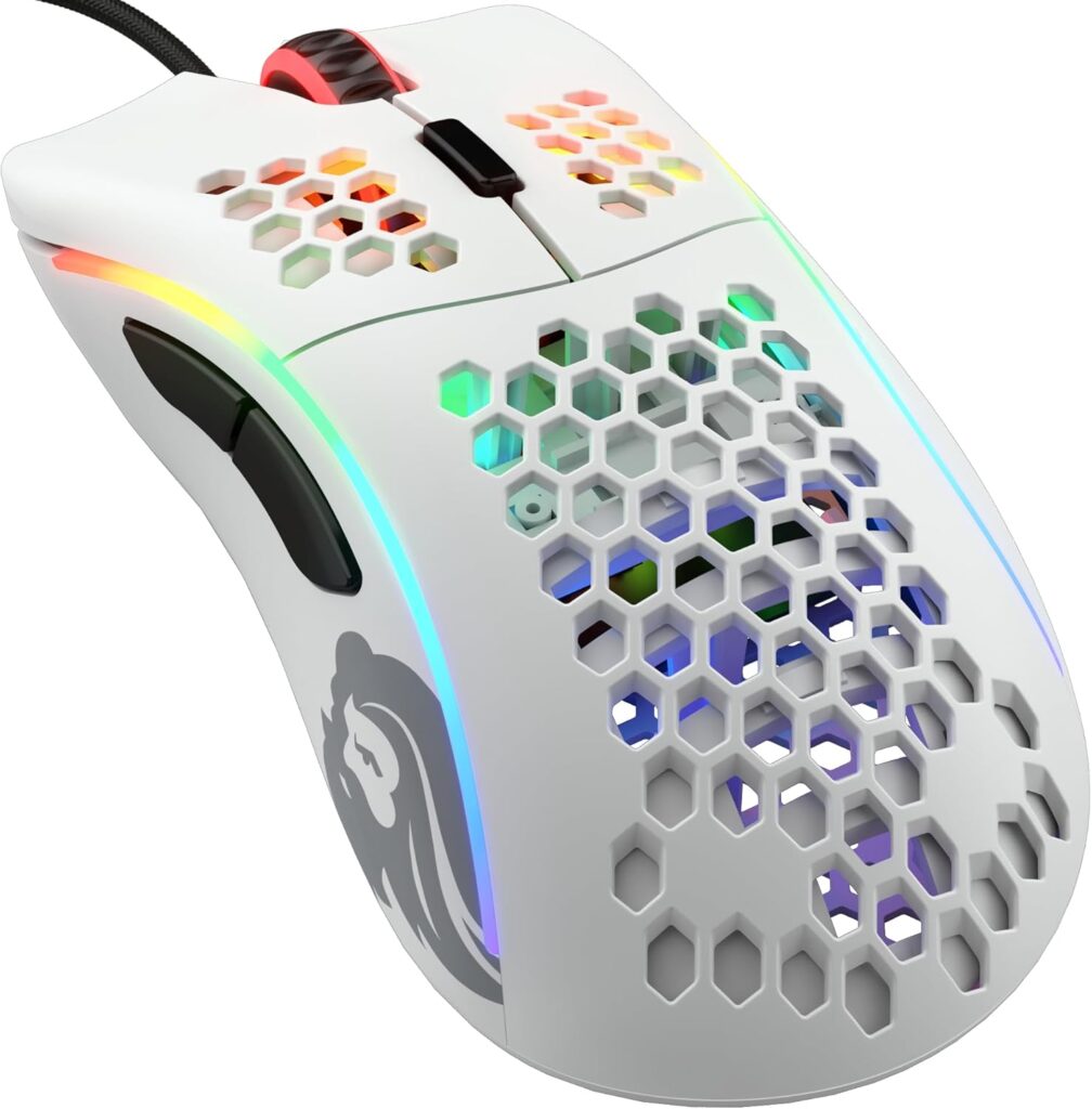 Glorious Model D Wired Gaming Mouse – 68g Superlight Honeycomb Design, RGB, Ergonomic, Pixart 3360 Sensor, Omron Switches, PTFE Feet, 6 Buttons – Matte White
