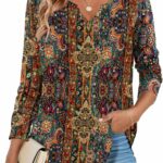 Zeagoo Boho Tops for Women Long Sleeve V Neck Fall Shirt Casual Dressy Blouse Tunic Business Work Clothes School Outfits