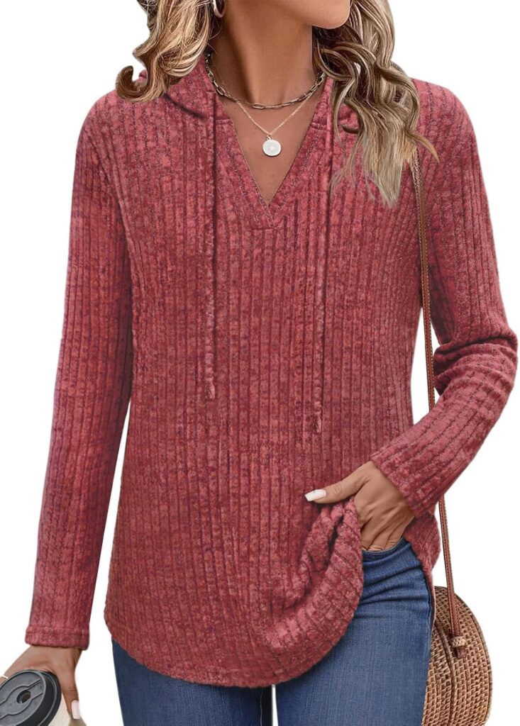 Lylinan Womens Cozy Knit Sweaters Hoodies Ribbed V Neck Pullover Sweatshirts for Fall Outfits S-XXL