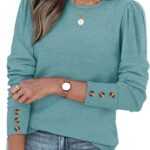 OFEEFAN Long Sleeve Shirts for Women Blouses Dressy Casual Womens Sweaters Puff Sleeve Fashion Clothing Tops with Buttons