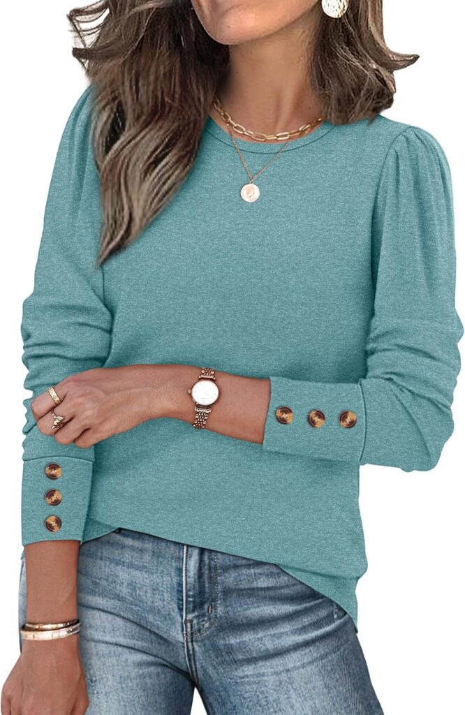 OFEEFAN Long Sleeve Shirts for Women Blouses Dressy Casual Womens Sweaters Puff Sleeve Fashion Clothing Tops with Buttons