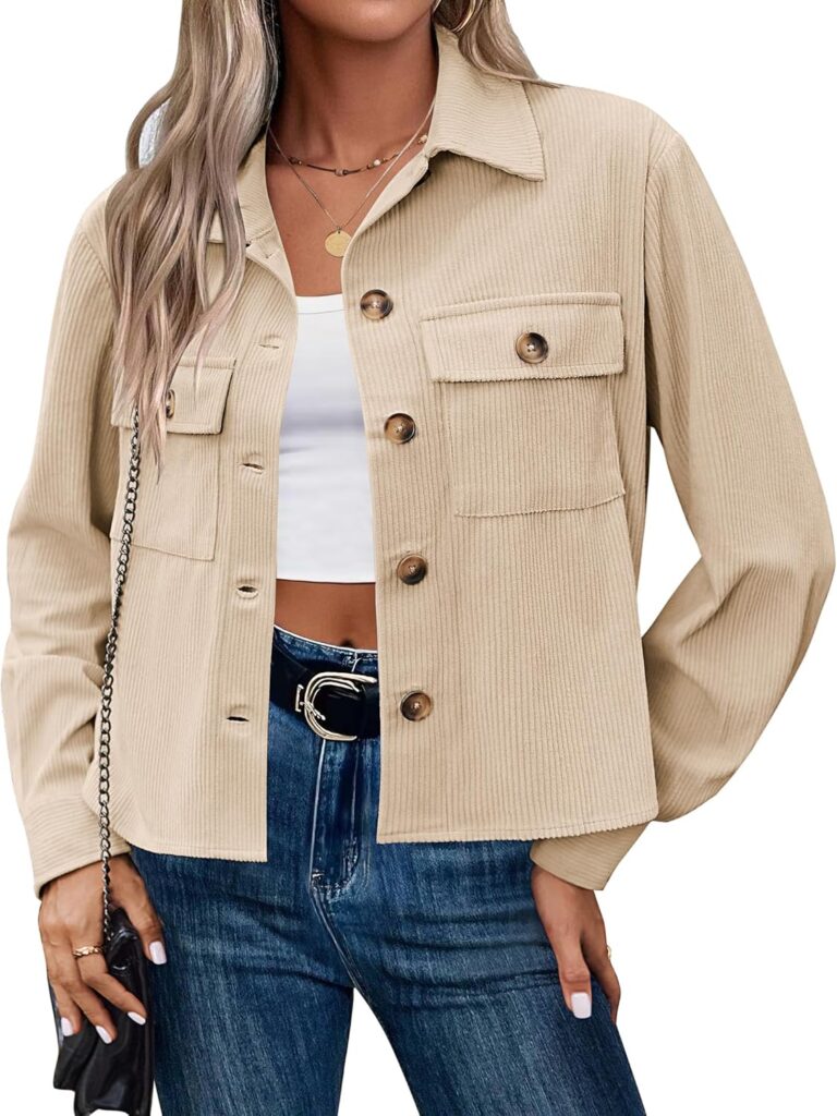 Zeagoo Womens Fashion Cropped Corduroy Shackets Button Down Jackets Tops Fall Trendy Long Sleeve Shirts