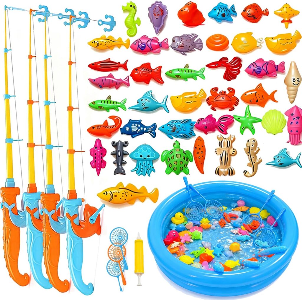 Magnetic Fishing Game Pool Toys for Kids, Water Table Bathtub Toy Fishing with Inflatable Pool, Water Bath Pool Outdoor Toys for Kids Outdoor Indoor Carnival Party Favors
