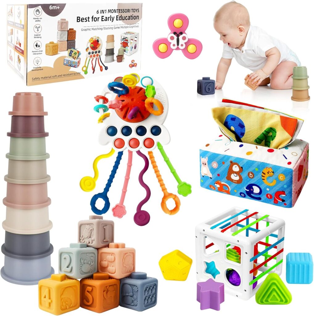 6 in 1 Montessori Toys for Babies 6-12 Months Up – Incl Pull String Toy, Stacking Cups, Tissue Box, Suction Cup Spinner, Stacking Blocks,Activity Cube, Baby Toys for 1 2 3 Year Old